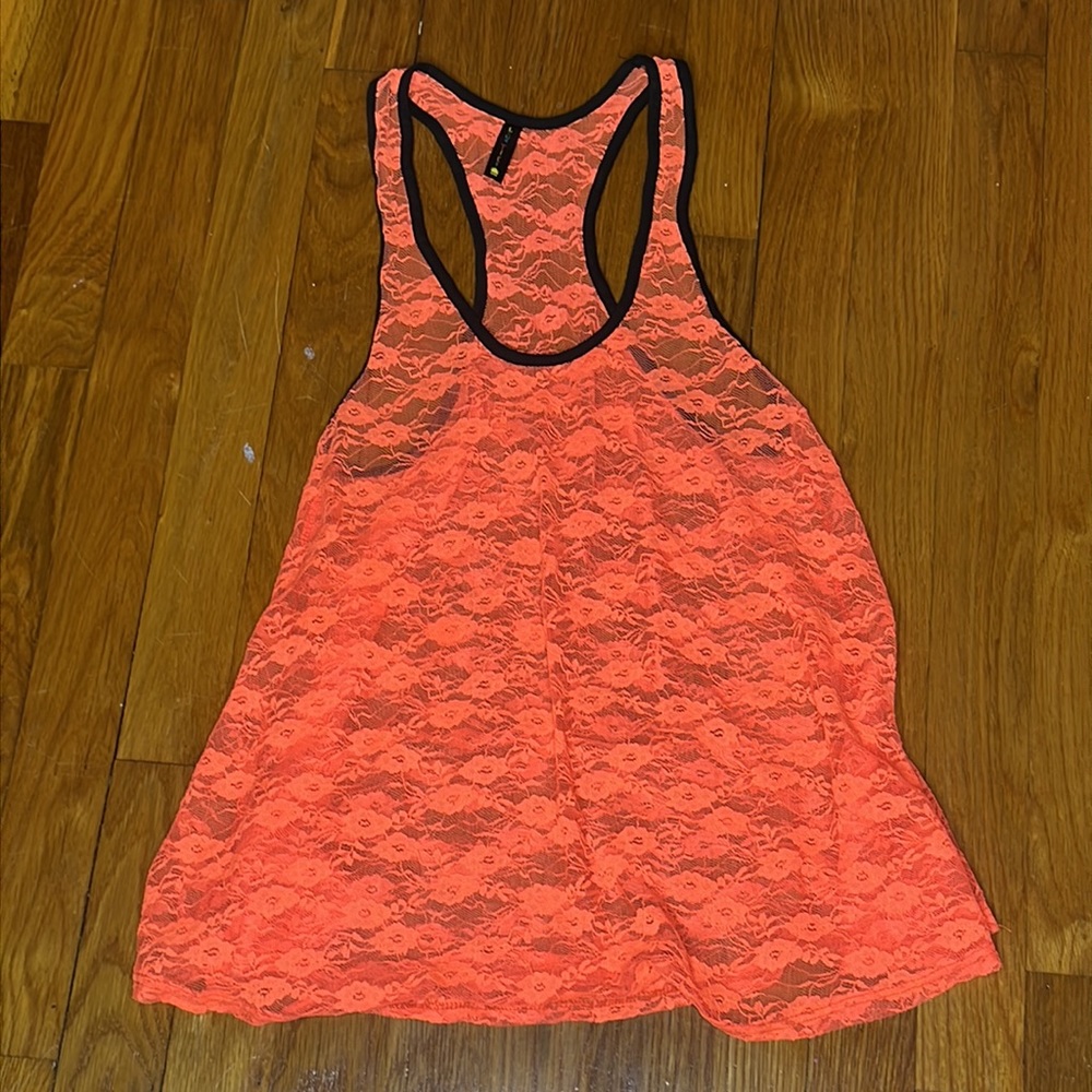 Luna Tiks Lace Mesh Neon Coral Pink Tank Top Size Small